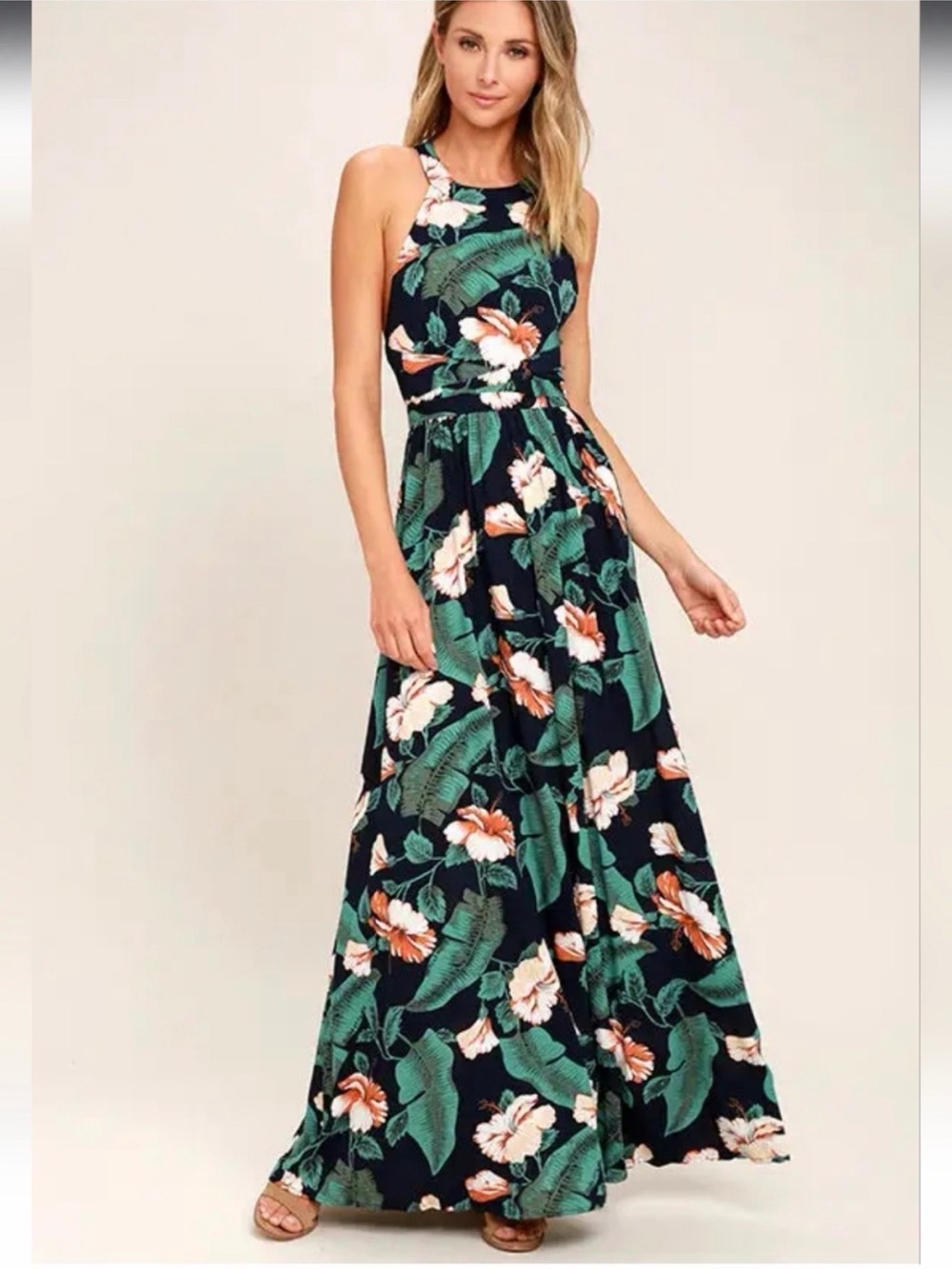 LuLu's Womens M Navy Tropical Floral Halter Backless Maxi Dress Long